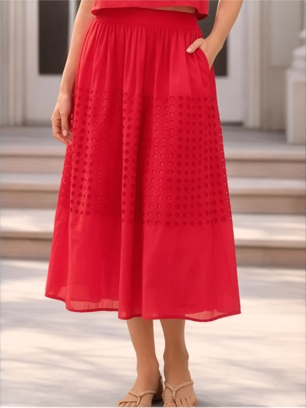 Jennifer & Grace Maxi Eyelet Cotton Skirt in Coral Red Size S